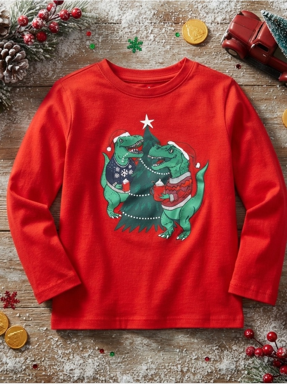 Cat & Jack Christmas T-Rex Holiday Long Sleeve Tee Size 6